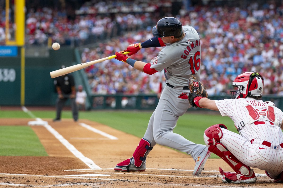 St Louis Cardinals' Nolan Gorman hits a two-run home run during the first inning of a baseball game against the Philadelphia Phillies, Sunday, June 2, 2024, in Philadelphia.
