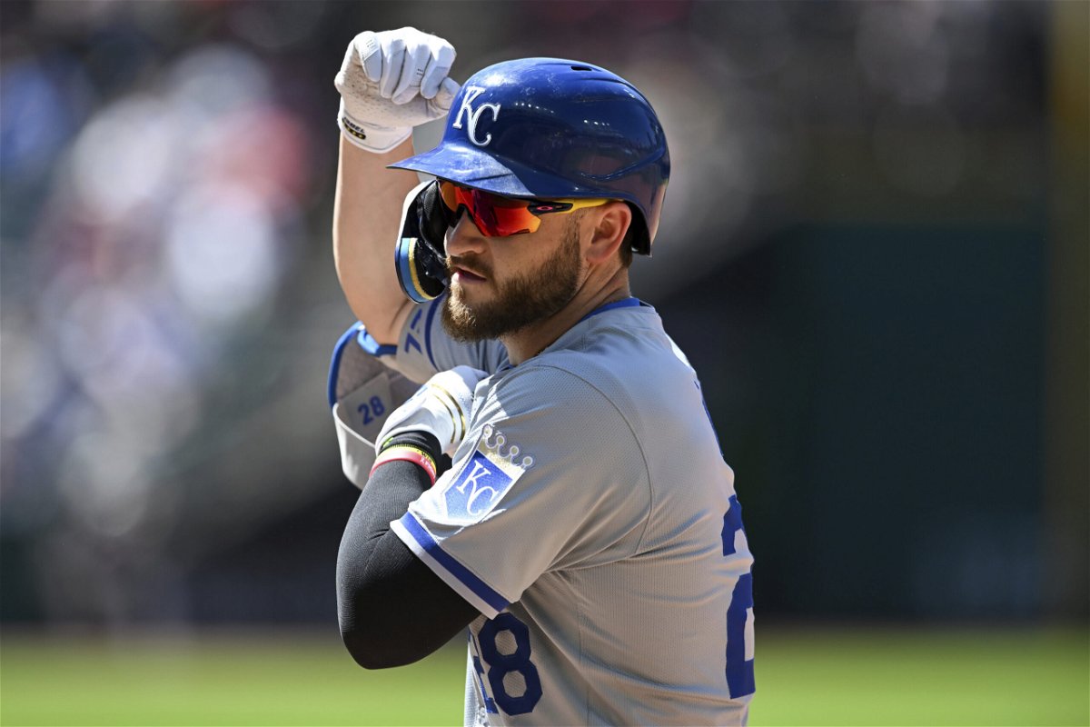 Kansas City Royals' Kyle Isbel celebrates hitting an RBI single during the eighth inning of a baseball game against the Cleveland Guardians, Thursday, June 6, 2024, in Cleveland. (AP Photo/Nick Cammett)