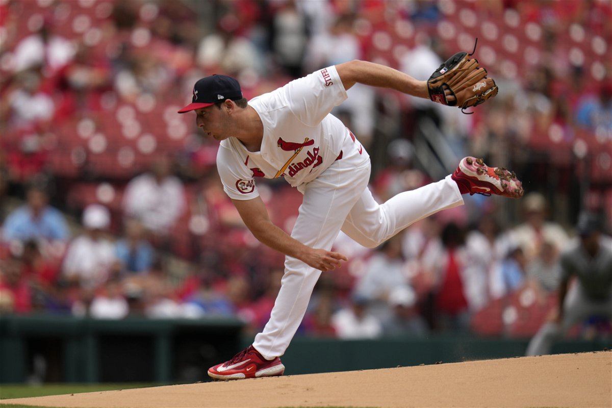 St. Louis Cardinals starting pitcher Andre Pallante throws during the first inning of a baseball game against the Colorado Rockies Sunday, June 9, 2024, in St. Louis. (AP Photo/Jeff Roberson)
