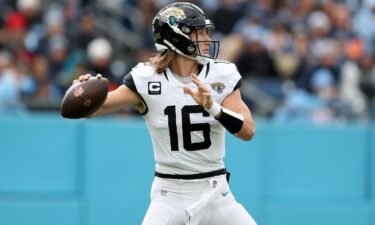 Trevor Lawrence of the Jacksonville Jaguars looks to pass the ball during a game against the Tennessee Titans in Nashville