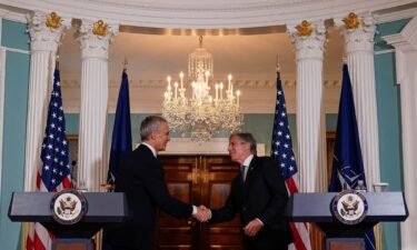 U.S. Secretary of State Antony Blinken and NATO Secretary General Jens Stoltenberg shake hands at the conclusion of a joint news conference at the State Department in Washington on June 18.