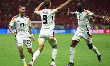 Germany's Niclas Füllkrug celebrates scoring against Switzerland.