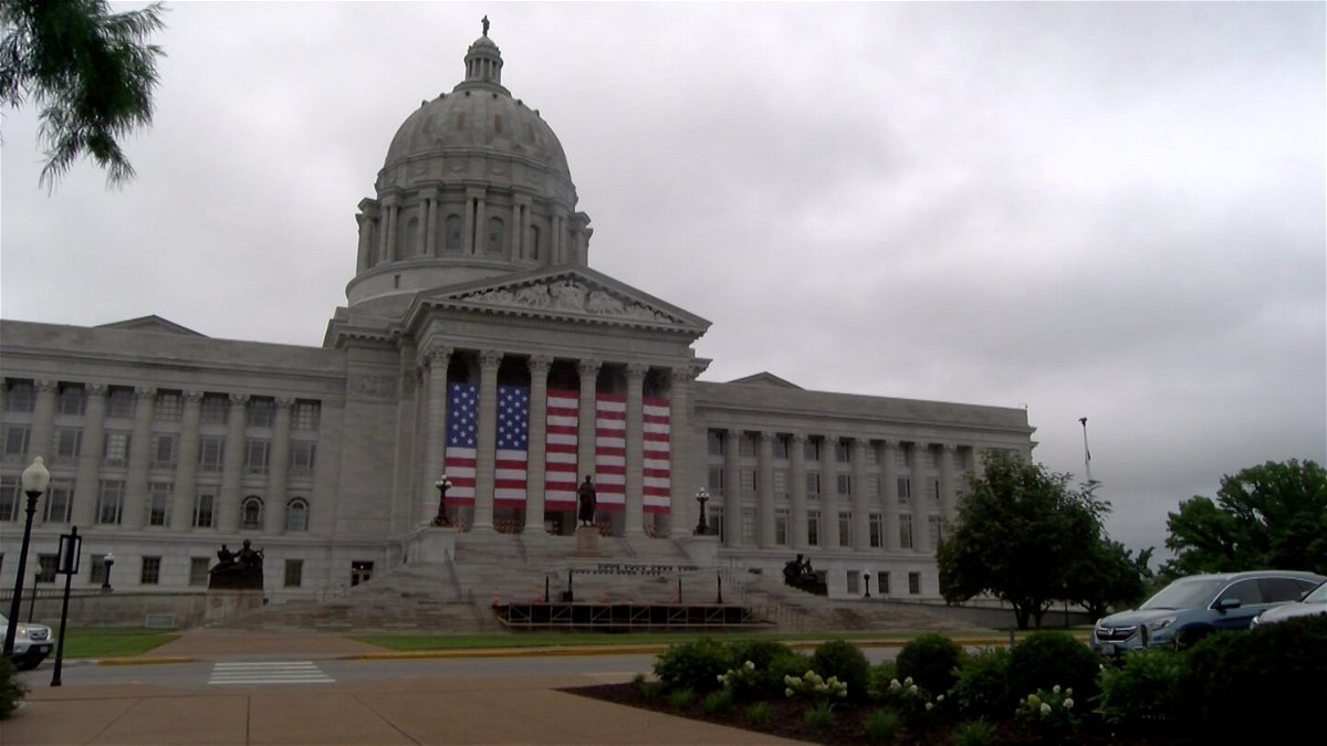The Missouri Capitol decorated with an American flag on Wednesday, July 3, 2024. The event manager of Salute to America said setup would begin Thursday at 6 a.m.