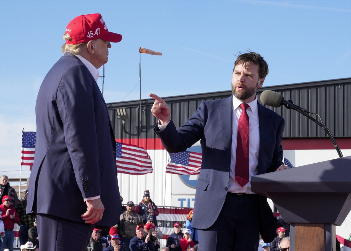 FILE - Sen. J.D. Vance, R-Ohio, right, points toward Republican presidential candidate former President Donald Trump at a campaign rally, March 16, 2024, in Vandalia, Ohio. Vance is a top contender to be selected as Trump's running mate.