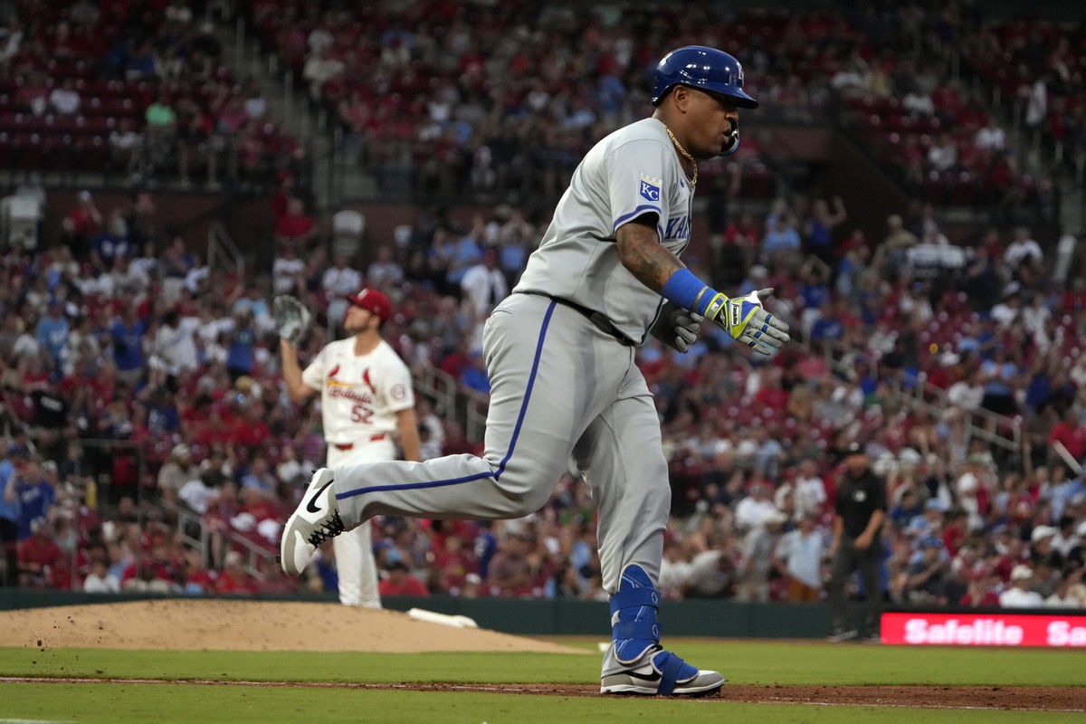 Kansas City Royals' Salvador Perez, right, rounds the bases after hitting a solo home run off St. Louis Cardinals relief pitcher Matthew Liberatore during the sixth inning in the second game of a baseball doubleheader Wednesday, July 10, 2024, in St. Louis.