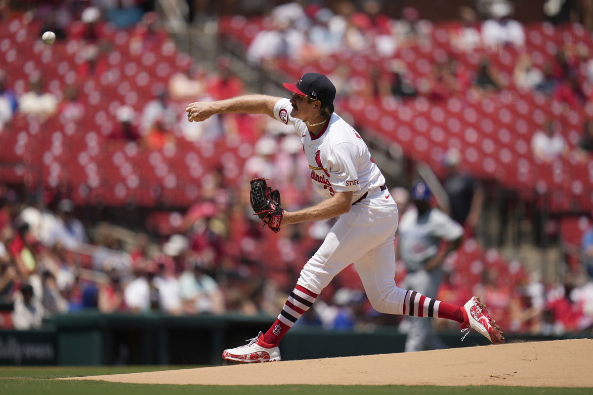 St. Louis Cardinals starting pitcher Miles Mikolas throws during the first inning of a baseball game against the Chicago Cubs Sunday, July 14, 2024, in St. Louis. 