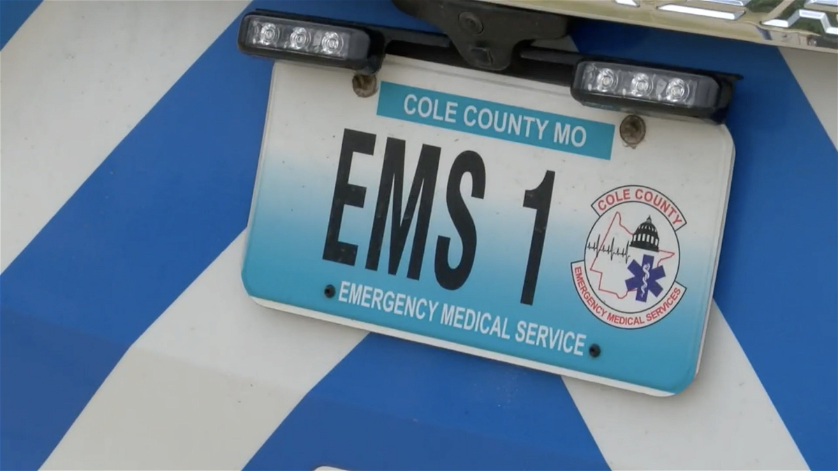 FILE - A license plate on a Cole County EMS vehicle