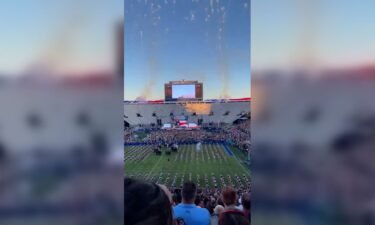 A screen grab from a video shared on social media shows fireworks shooting into the crowd during Thursday night’s Stadium of Fire event at the Brigham Young University football stadium in Provo
