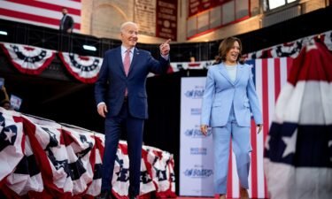 President Joe Biden and Vice President Kamala Harris take the stage at a campaign rally at Girard College on May 29 in Philadelphia.