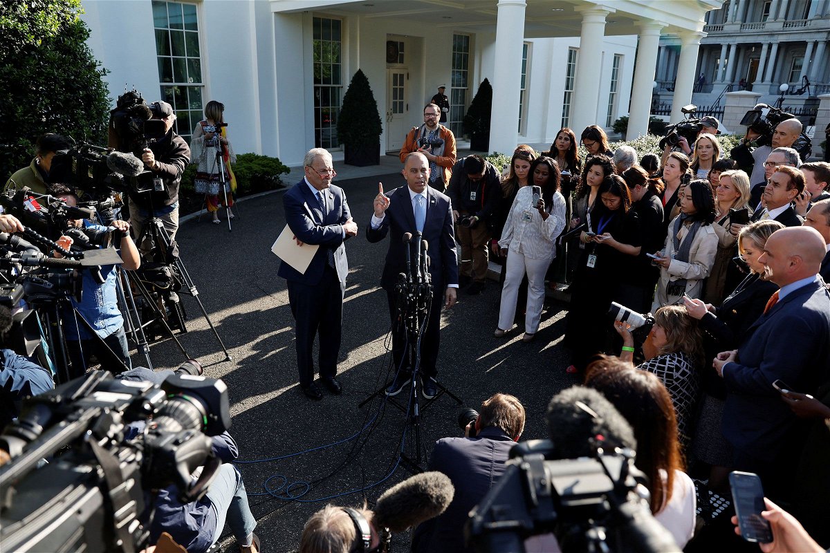 Senate Majority Leader Chuck Schumer and House Minority Leader Hakeem Jeffries will soon endorse Kamala Harris in her presidential bid according to sources, and both are pictured with reporters at the White House in May 2023.
