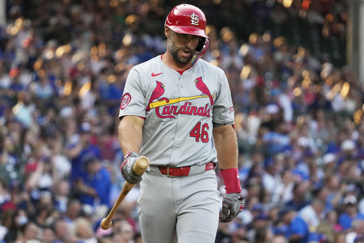 St. Louis Cardinals' Paul Goldschmidt reacts after striking out swinging during the first inning of a baseball game against the Chicago Cubs in Chicago, Sunday, Aug. 4, 2024. 