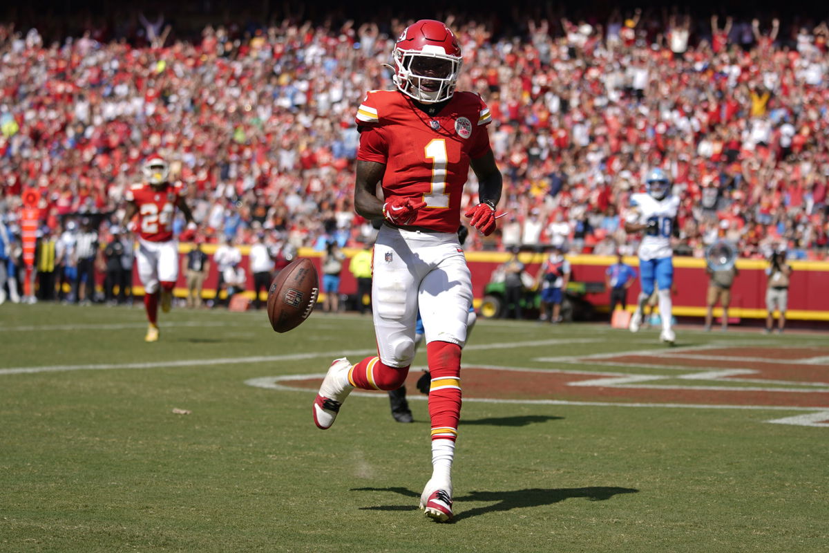 Kansas City Chiefs wide receiver Xavier Worthy (1) reacts after a touchdown against the Detroit Lions during the first half of an NFL preseason football game Saturday, Aug. 17, 2024, in Kansas City, Mo. (AP Photo/Ed Zurga)