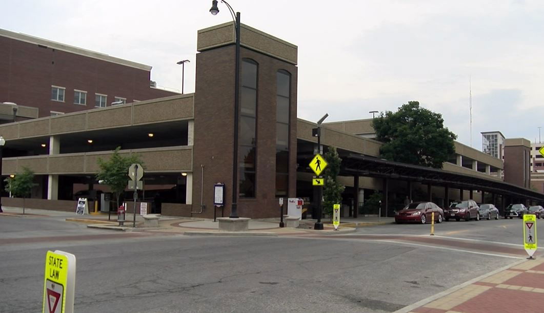 The parking garage at Eighth and Walnut streets.