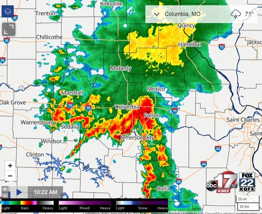 Stormtrack Doppler radar shows storms over Mid-Missouri on Wednesday morning.