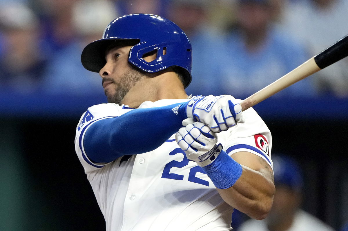 Kansas City Royals' Tommy Pham watches his three-run home run during the fourth inning of a baseball game against the Cleveland Guardians Wednesday, Sept. 4, 2024, in Kansas City, Mo. (AP Photo/Charlie Riedel)