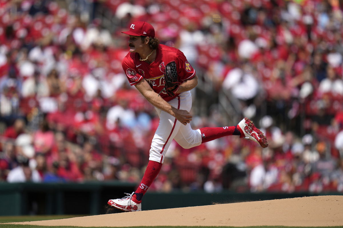 St. Louis Cardinals starting pitcher Miles Mikolas throws during the first inning of a baseball game against the Seattle Mariners Sunday, Sept. 8, 2024, in St. Louis. 