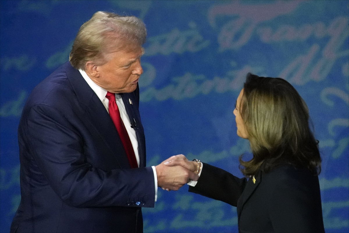 Republican presidential nominee former President Donald Trump shakes hands with Democratic presidential nominee Vice President Kamala Harris during an ABC News presidential debate at the National Constitution Center, Tuesday, Sept.10, 2024, in Philadelphia. 