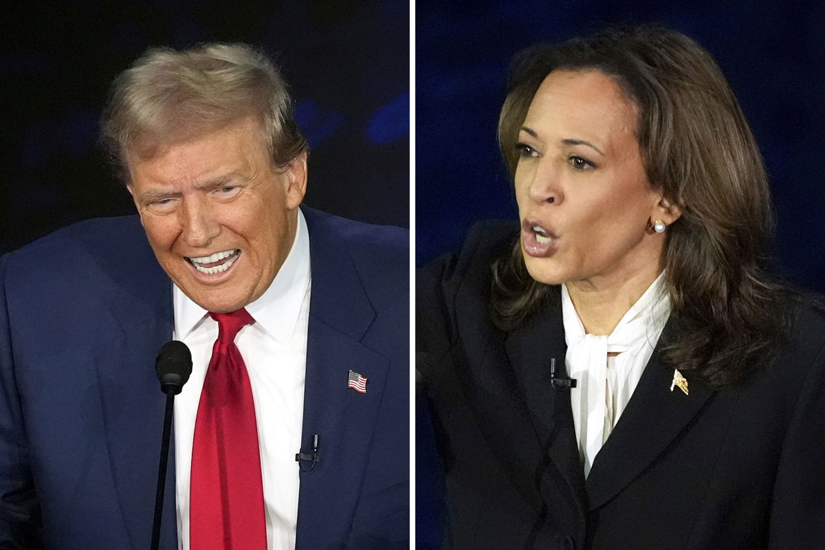 This combination of photos shows Republican presidential nominee former President Donald Trump, left, and Democratic presidential nominee Vice President Kamala Harris during an ABC News presidential debate at the National Constitution Center, Tuesday, Sept. 10, 2024, in Philadelphia. 