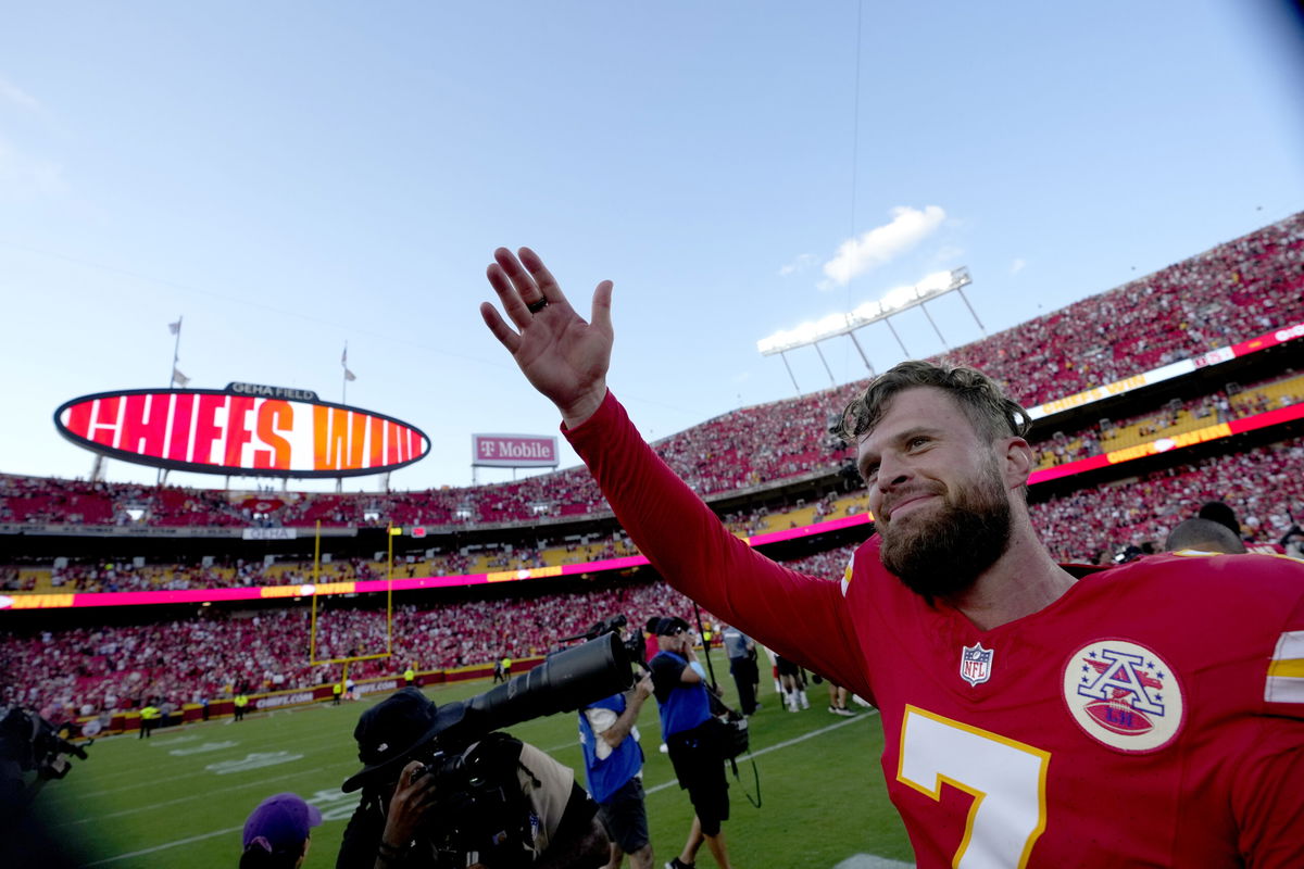 Kansas City Chiefs kicker Harrison Butker (7) walks off the field after kicking a 51-yard field goal at the end of an NFL football game against the Cincinnati Bengals to give the Chiefs a 26-25 victory Sunday, Sept. 15, 2024, in Kansas City, Mo.