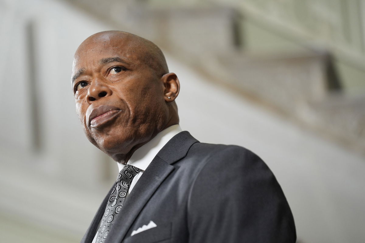 FILE - New York City Mayor Eric Adams speaks to members of the press at a news conference in New York, Monday, Sept. 16, 2024. 