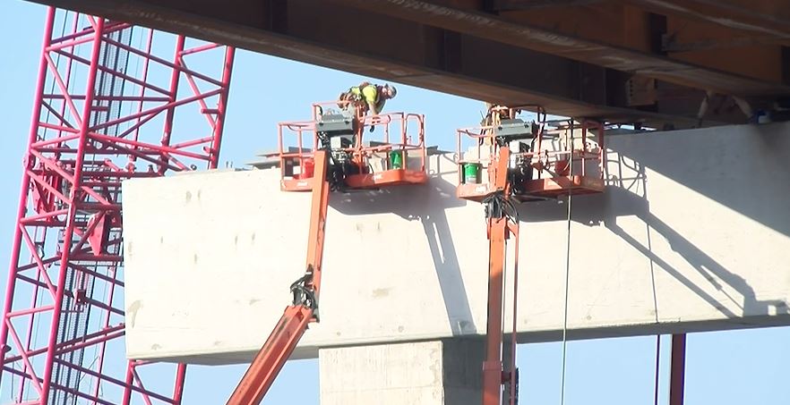 Crews work on the Rocheport Bridge in this Saturday, Aug. 17, 2024 file photo. The Missouri Department of Transportation announced on Thursday that the final steel girder was placed on the bridge on Wednesday, Sept. 11, 2024. 