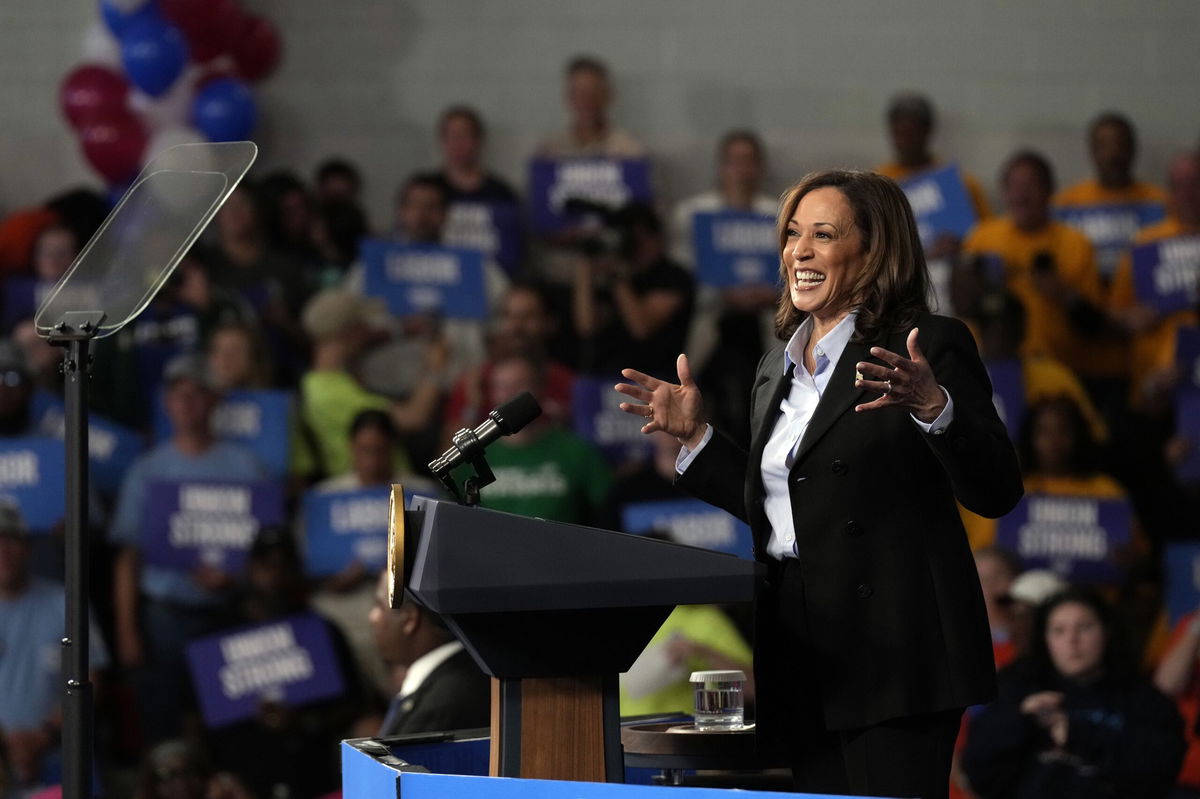 Democratic presidential nominee Vice President Kamala Harris speaks at a campaign event at Northwestern High School in Detroit, on September 2, 2024.
