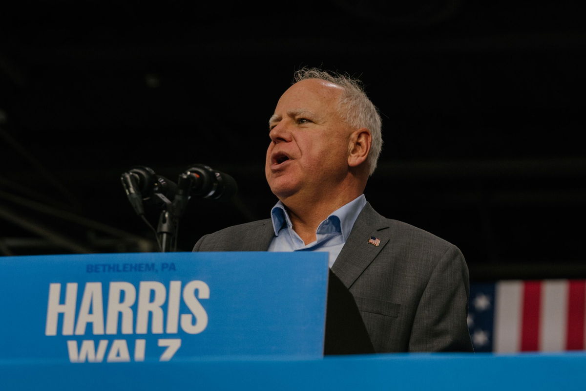 Minnesota Gov. Tim Walz speaks at a campaign rally in Bethlehem, Pennsylvania, on September 21. Walz has made at least three false claims over the last two weeks about the Republican vice presidential candidate Sen. JD Vance of Ohio and Republican presidential candidate former President Donald Trump.
