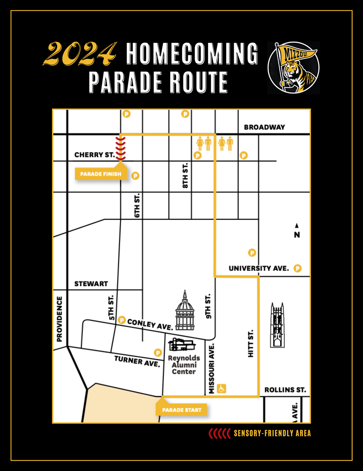 The map created by the University of Missouri shows the 2024 Homecoming Parade route. 