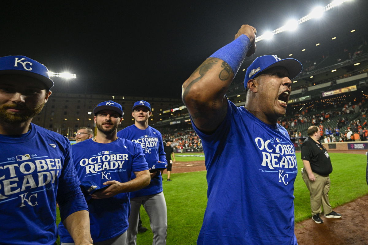 Kansas City Royals catcher Salvador Perez reacts after defeating the Baltimore Orioles 2-1 in Game 2 of an AL Wild Card Series baseball game, Wednesday, Oct. 2, 2024 in Baltimore. (AP Photo/Nick Wass)