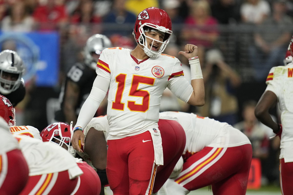 Kansas City Chiefs quarterback Patrick Mahomes signals during the second half of an NFL football game against the Las Vegas Raiders Sunday, Oct. 27, 2024, in Las Vegas. 