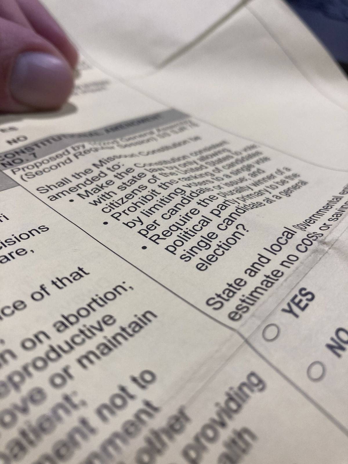 A Boone County sample ballot showing the ballot language for Amendment 7 is seen. If Amendment 7 passes, it would prohibit ranked-choice voting in the state.