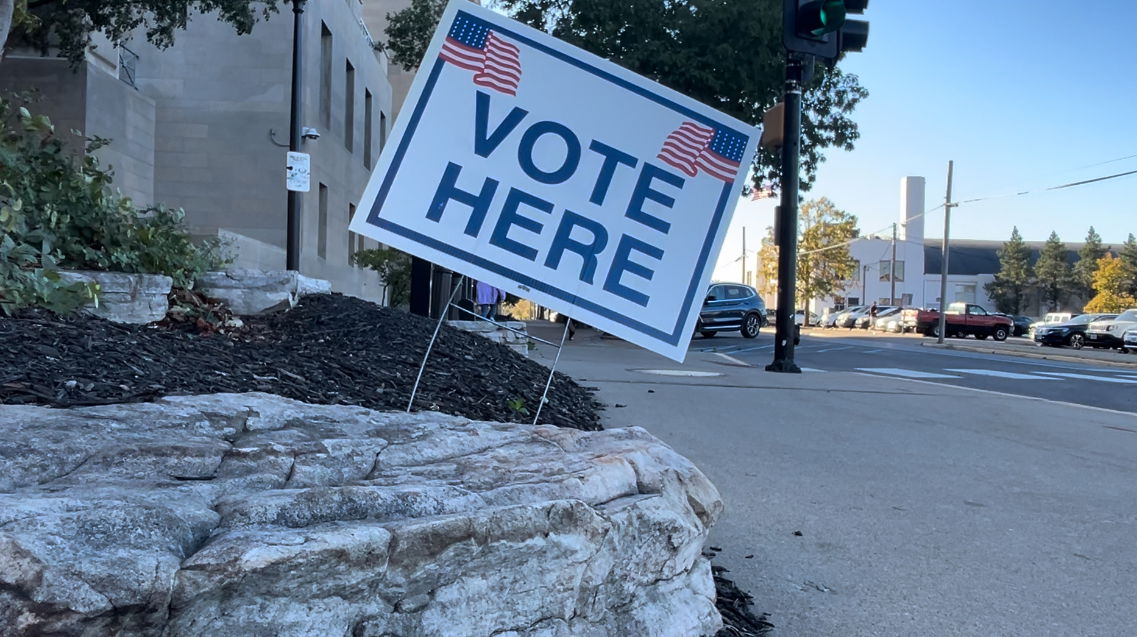 A voting sign placed outside the Boone County Government Center. 