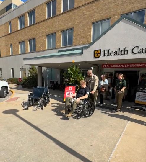 Callaway County Deputy Gardner Pottorff leaves University Hospital in Columbia on Tuesday, Oct. 29, 2024. He was one of two deputies who were shot during a traffic stop on Interstate 70 on Oct. 14, 2023.