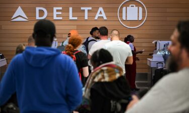 People looking for missing bags wait in line to speak with Delta Air Lines baggage claims employees at the Los Angeles International Airport in July after a service meltdown at the airline caused by the CrowdStrike global software outage.