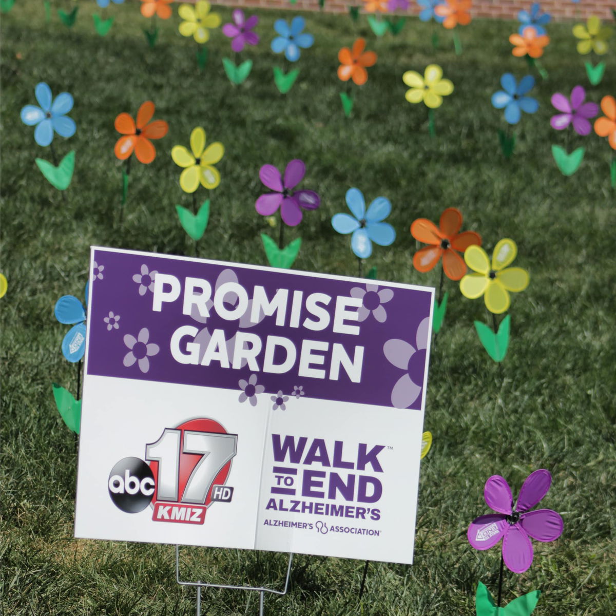 ABC 17 News Promise Garden Sign at the Columbia Walk to End Alzheimer's at Faurot Field on Sept. 30, 2023 in Columbia, Mo.