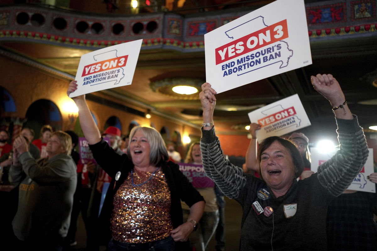 People at a election night watch party react after an abortion rights amendment to the Missouri constitution passed Tuesday, Nov. 5, 2024, in Kansas City, Mo. 