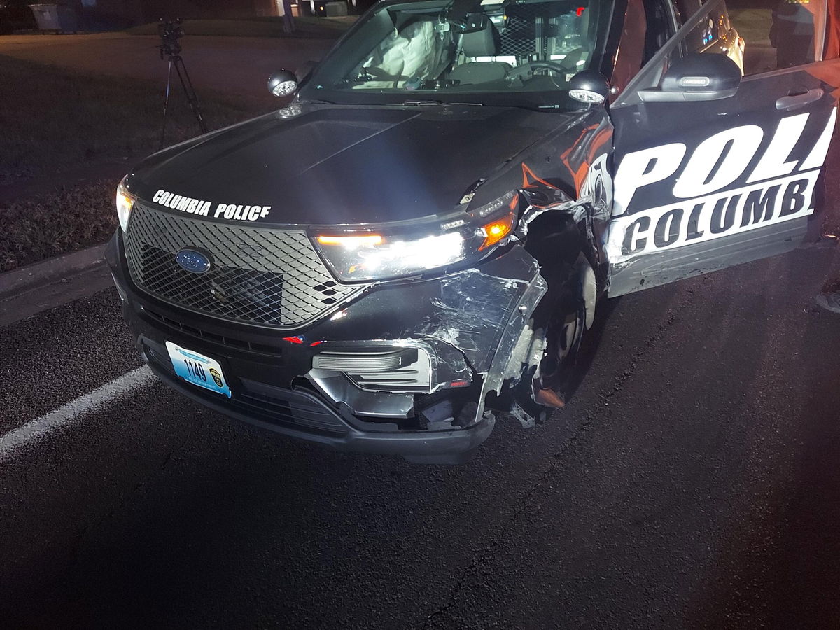 A Columbia Police Department vehicle had damage near its driver side headlight and wheel and an airbag was deployed on its passenger side. The damage was seen Friday, Nov. 15, 2024, on Oakland Gravel Road in northern Columbia.