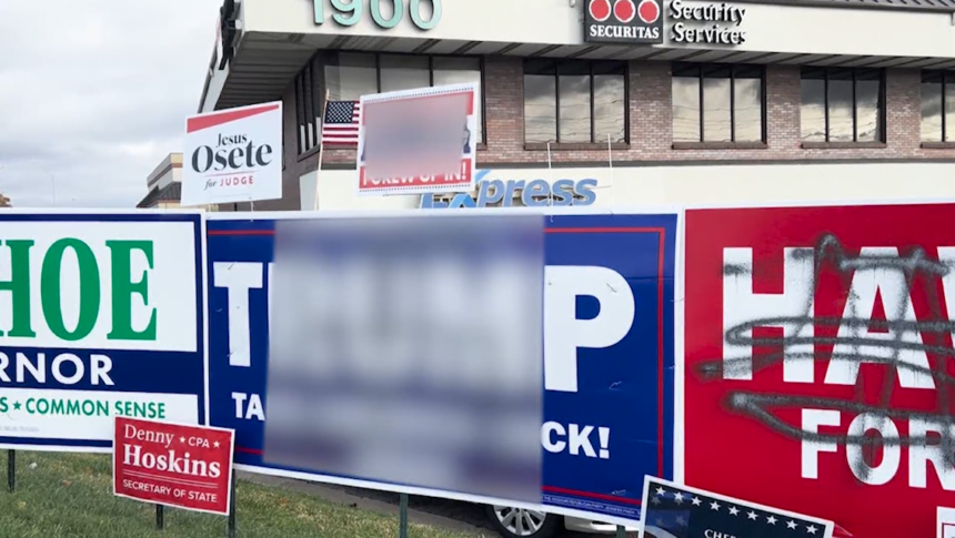 Campaign signs outside of the Boone County Republican Party headquarters were defaced with swastikas, homophobic slurs and other markings on Tuesday morning. 