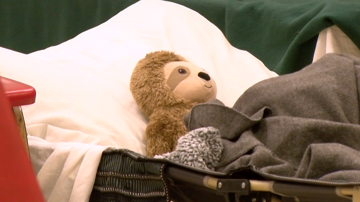 A stuffed animal is seen on one of the cots at Room at the Inn in Columbia, Mo. on Oct. 29, 2024.