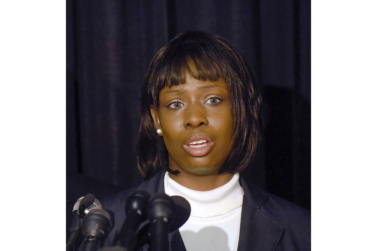 FILE - Crystal Mangum, who falsely accused Duke lacrosse players of rape, addresses the media during a news conference in Durham, N.C., on Oct. 23, 2008.