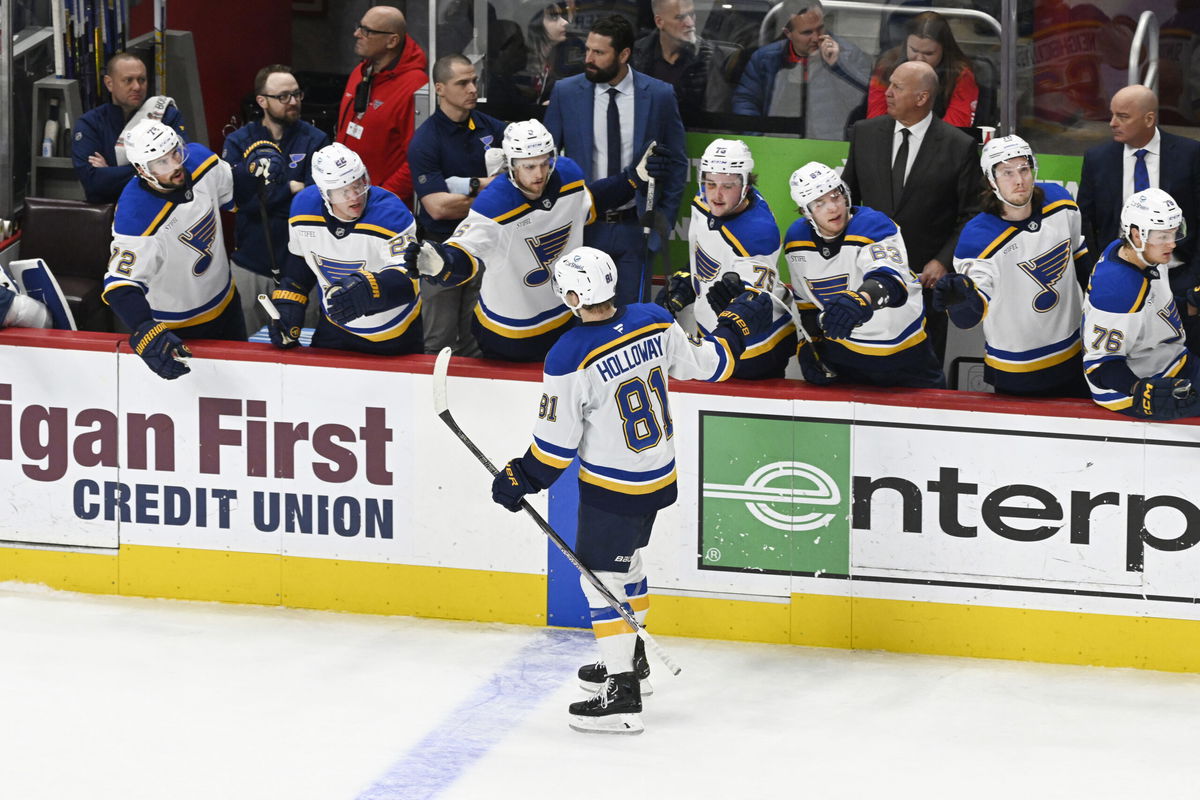 St. Louis Blues center Dylan Holloway (81) is congratulated after scoring a goal against the Detroit Red Wings during the first period of an NHL hockey game, Monday, Dec. 23, 2024, in Detroit. 