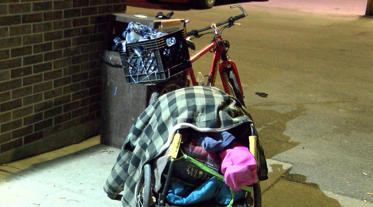 The bike of a homeless man parked outside of Room at the Inn in Columbia. 