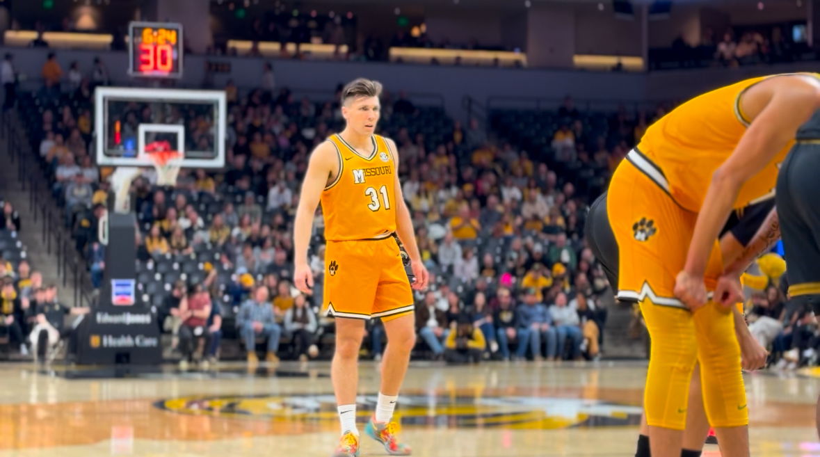 Senior guard Caleb Grill looks on during Missouri’s 82-65 victory over the Alabama State Hornets on Monday, Dec. 30, 2024, at Mizzou Arena in Columbia. 