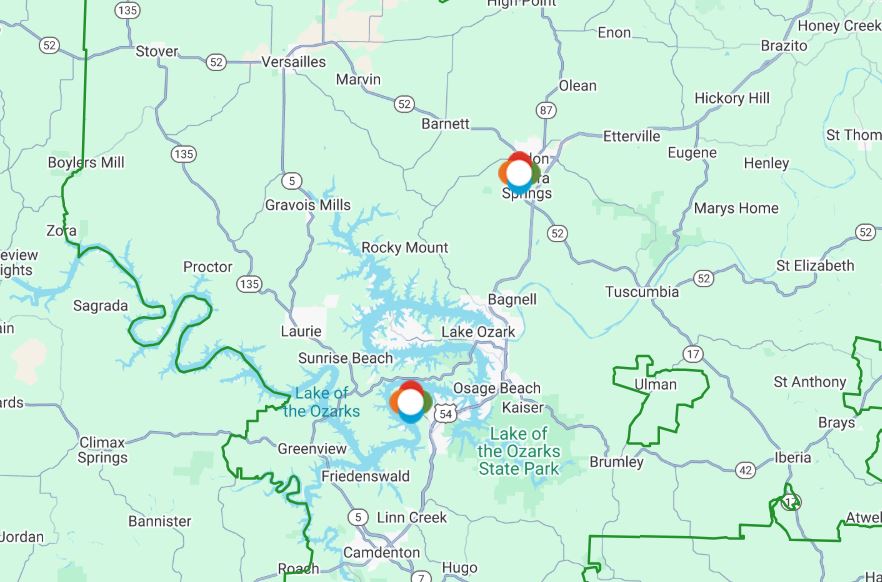 A screenshot of the Ameren Missouri outage map shows an outage centered near Eldon on Tuesday, Jan. 7, 2025.