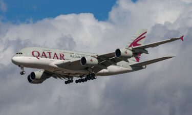 A Qatar Airways Airbus A380 double decker passenger aircraft.