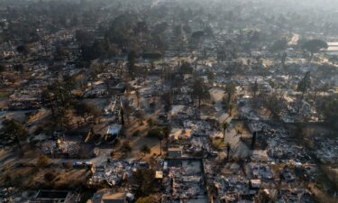 An aerial view of a beachside homes destroyed in the Palisades Fire along Pacific Coast Highway as wildfires cause damage and loss through the LA region on January 16