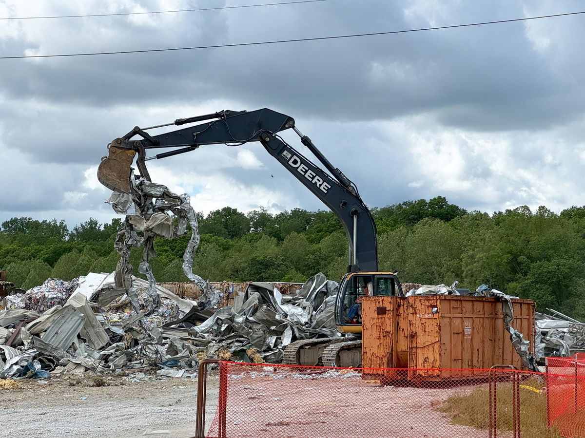 Crews began demolishing the rest of the storm-damaged recycling facility in Columbia on Sunday, May 18, 2025. The building was destroyed by an EF-1 tornado on April 20, 2025.