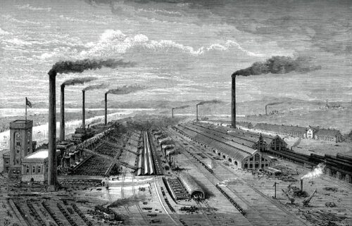 An iron and steel works factory in England in 1880.