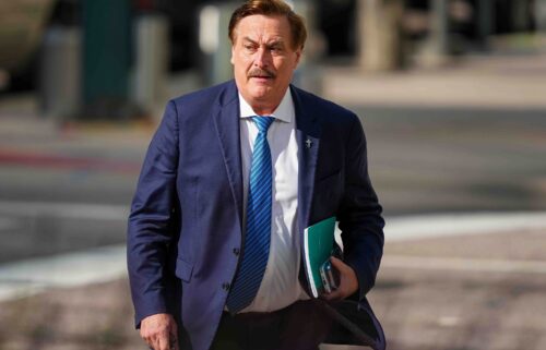Mike Lindell walks into federal district court for a defamation trial on June 5 in Denver. (AP Photo/Jack Dempsey)