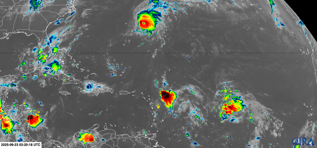 Hurricane Gabrielle spins east of Bermuda while two areas of storminess bubble east of the Leeward Islands.